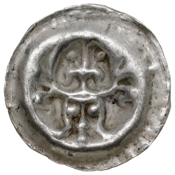 brakteat, XIII w.; Długowłosa, brodata głowa na 
