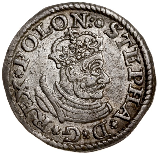 trojak 1580, Olkusz; Aw: Mała głowa króla w koro