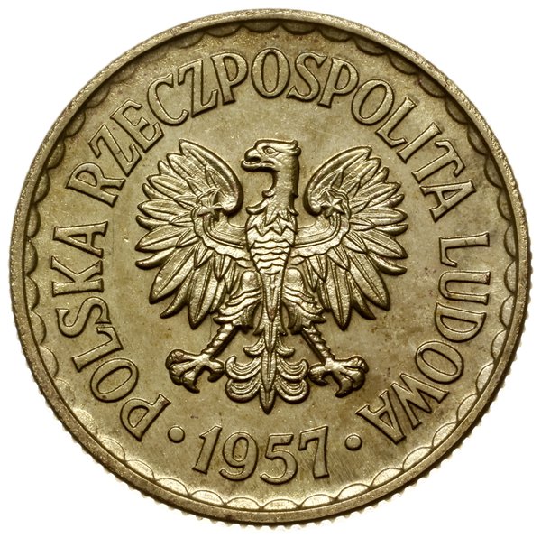 1 złoty 1957, Warszawa; nominał 1, wklęsły napis