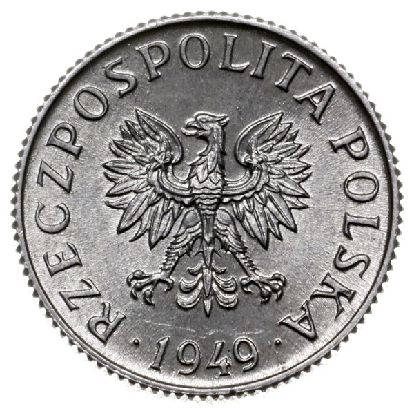 1 grosz 1949, Warszawa; nominał 1, wklęsły napis