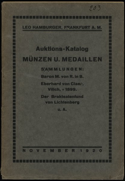 Leo Hamburger, Auktions-Katalog Münzen u. Medaillen – Sammlungen: Baron M. von R. in B., Eberhard  von Claer, Vilich, ✝ 1899., Der Brakteatenfund von Lichtenberg u. A.