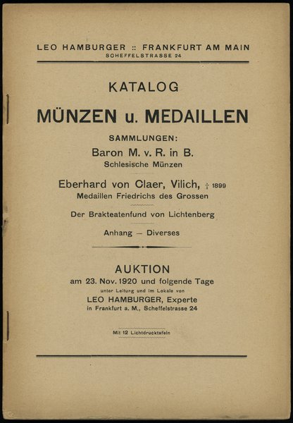 Leo Hamburger, Auktions-Katalog Münzen u. Medaillen – Sammlungen: Baron M. von R. in B., Eberhard  von Claer, Vilich, ✝ 1899., Der Brakteatenfund von Lichtenberg u. A.