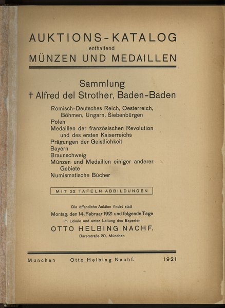 Otto Helbing Nachf., Auktions-Katalog Münzen und Medaillen – Sammlung ✝ Alfred del Strother, Baden-Baden
