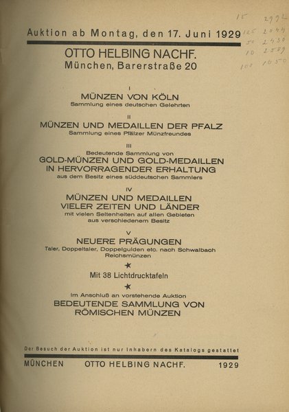 Otto Helbing Nachf., Auktions-Katalog – Münzen v