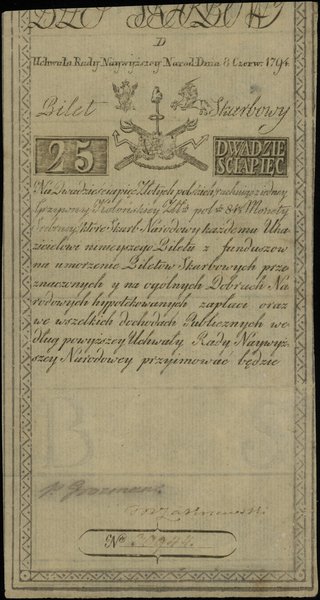 25 złotych polskich 8.06.1794, seria D, numeracja 30944, Lucow 27 (R1), Miłczak A3