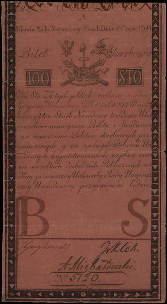 100 złotych polskich 8.06.1794; seria A, numerac
