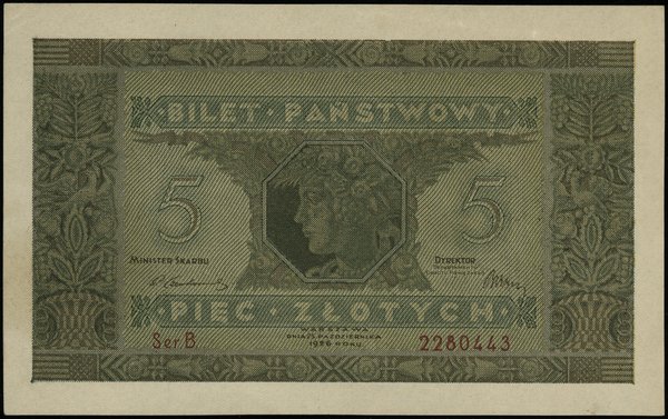 5 złotych 25.10.1926; seria B, numeracja 2280443