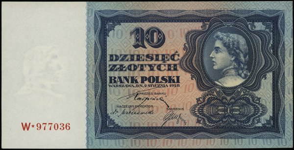 10 złotych 2.01.1928; seria W, numeracja 977036;
