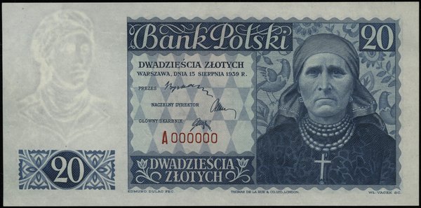 20 złotych 15.08.1939; seria A 0000000 - numerac