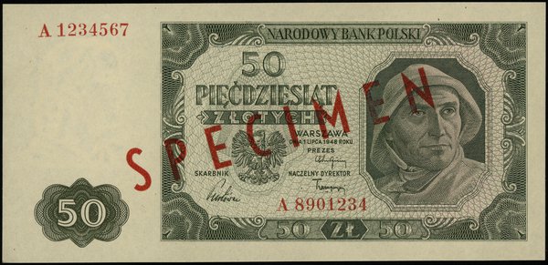 50 złotych 1.07.1948, seria A; numeracja 1234567