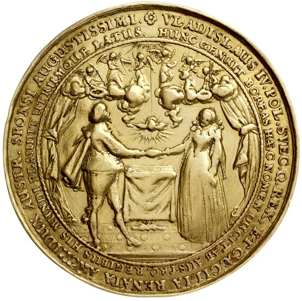 medal o wadze 40 dukatów wybity na pamiątkę zaślubin Władysława z Cecylią Renatą, arcyksiężniczką  austriacką, 1637, medal autorstwa Sebastiana Dadlera