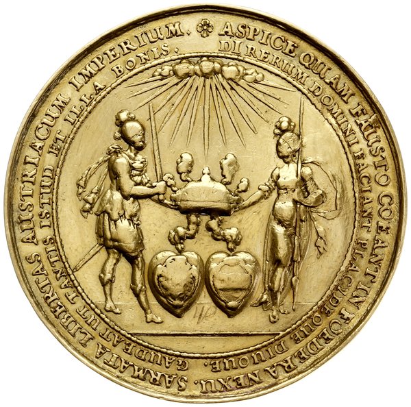 medal o wadze 40 dukatów wybity na pamiątkę zaślubin Władysława z Cecylią Renatą, arcyksiężniczką  austriacką, 1637, medal autorstwa Sebastiana Dadlera