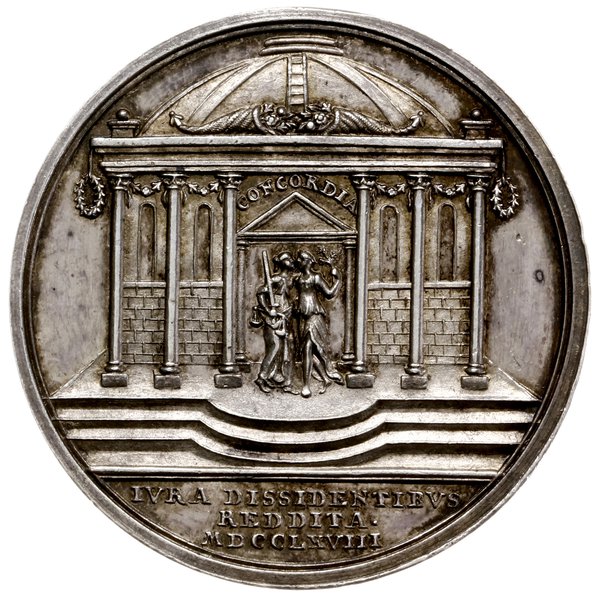medal na pamiątkę przywrócenia praw dysydentom, 1768, Norymberga, autorstwa Johanna Leonharda Oexleina
