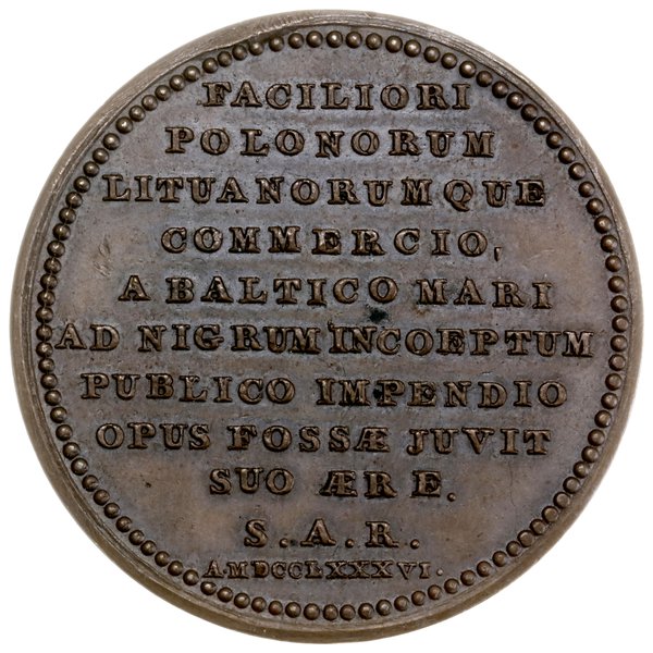 medal na pamiątkę przekopania kanału Prypeć-Bug, 1786, Warszawa, autorstwa Jana Filipa Holzhaeussera