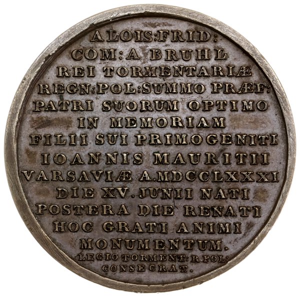 medal wybity na pamiątkę narodzin Jana Maurycego Brühla, 1781, Warszawa, autorstwa Jana Filipa Holzhaeussera