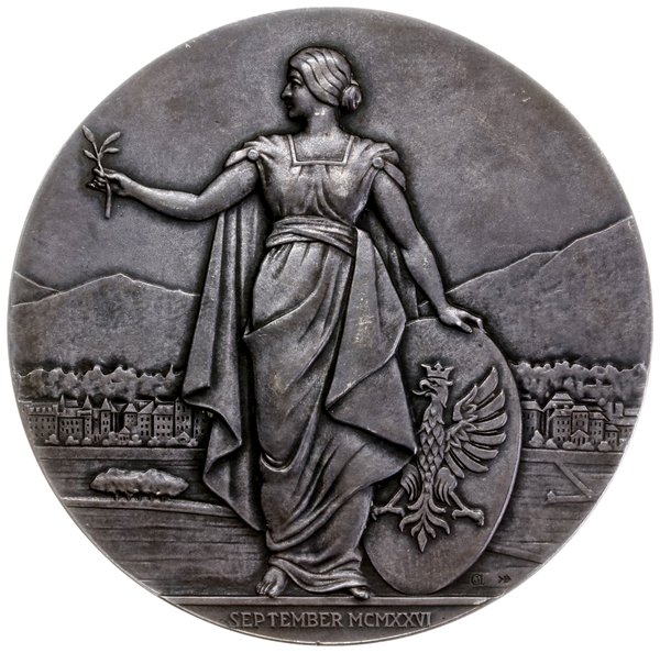 medal na pamiątkę przyjęcia Polski do Ligi Narodów, 1926, Warszawa, projektu Józefa Aumillera