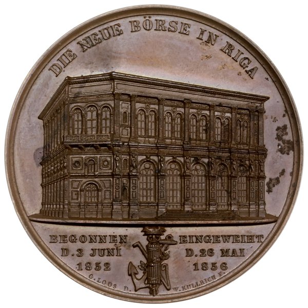 medal wybity na pamiątkę otwarcia nowego budynku giełdy w Rydze, 1856, projektu Friedricha Wilhelma  Kullricha i G. Loosa
