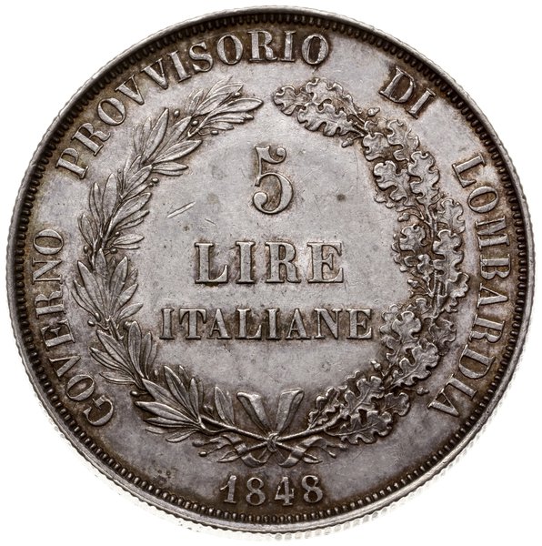5 lirów (scudo), 1848 M, mennica Mediolan