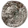 naśladownictwo denara typu Pointed Helmet, po 1024; Aw: Popiersie władcy w lewo, w hełmie, przed n..