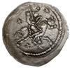 denar, 1236-1248; Aw: Postać na koniu, w prawo, trzymająca proporzec, wokół trzy czteropromienne g..