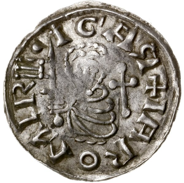 Denar, 1003–1034, mennica Praga; Aw: Półpostać n