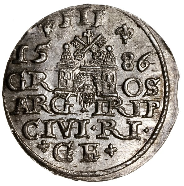 Trojak, 1586, mennica Ryga; na awersie mała głow