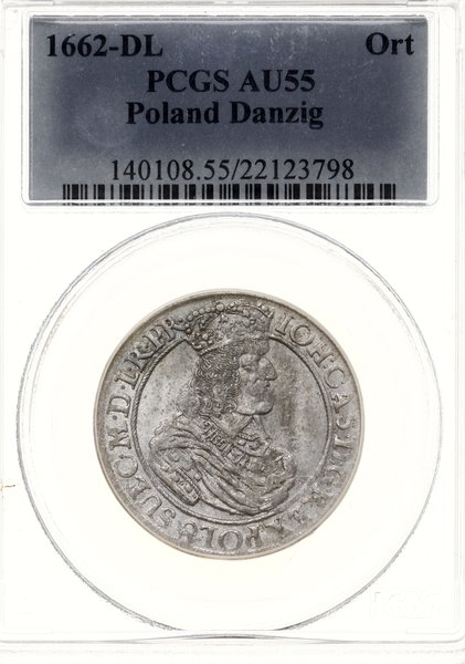 Ort, 1662 DL, mennica Gdańsk; na awersie końcówk