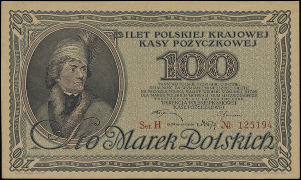 100 marek polskich, 15.02.1919; znak wodny - „pl