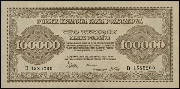 100.000 marek polskich, 30.08.1923; seria B, num