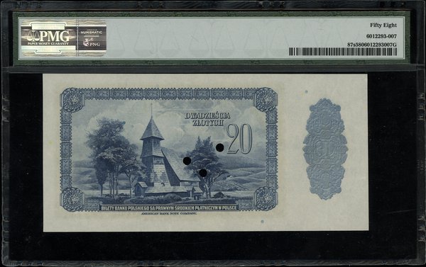 20 złotych, 20.08.1939; numeracja 00000, czerwon