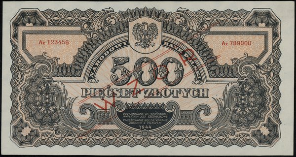 500 złotych, 1944, w klauzuli OBOWIĄZKOWE, seria Az 123456 / Az 789000, czerwony ukośny nadruk WZÓR