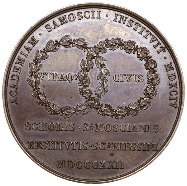 Medal na pamiątkę przeniesienia Akademii z Zamościa do Szczebrzeszyna, 1822, projektu Edouarda Gatteauxa, Paryż