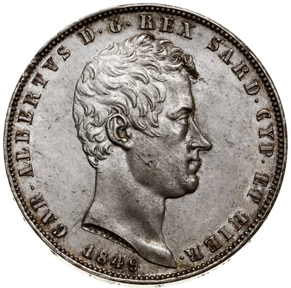 5 lirów, 1849, mennica Genua; oznaczenie mennicy