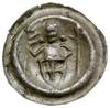 Brakteat, ok. 1247–1258; Długowłosa postać rycerza, trzymająca lewą ręką tarczę, na której krzyż, ..