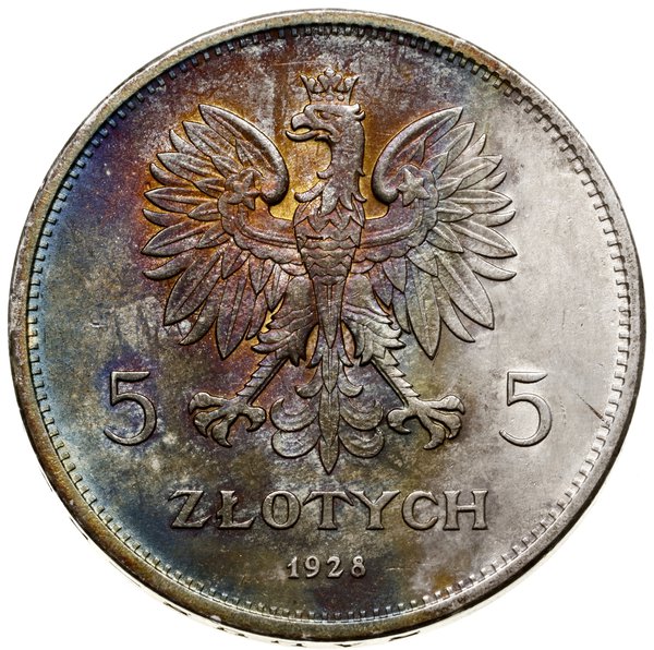 5 złotych, 1928, Warszawa; odmiana ze znakiem me