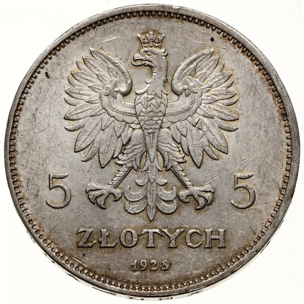 5 złotych, 1928, Bruksela; odmiana bez znaku men