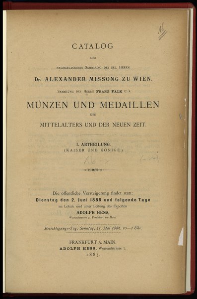 Adolph Hess, Catalog der nachgelassenen Sammlung