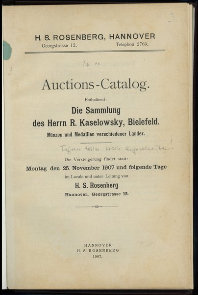 H. S. Rosenberg, Auktions-Catalog Enthaltend Die Sammlung des Herrn R. Kaselovsky, Bielefeld.  Münzen und Medaillen verschiedener Länder