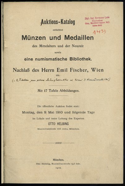 Otto Helbing, Auktions-Katalog enthaltend Münzen