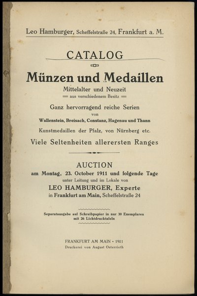 Leo Hamburger, Catalog Münzen und Medaillen Mitt