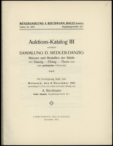 Albert Riechmann, Auktions-Katalog III enthaltend Sammlung D. Siedler-Danzig, Münzen und Medaillen  der Städte Danzig – Elbing – Thorn unter polnischer Oberhoheit.