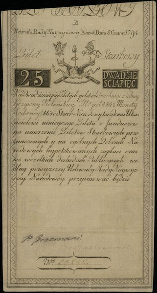 25 złotych, 8.06.1794; seria B, numeracja 29242,