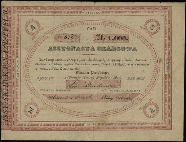 Asygnata skarbowa na 1.000 złotych, 1831, z podpisem ministra Leona Dembowskiego i dwóch dyrektorów