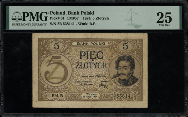 5 złotych, 15.07.1924; seria II EM–B, numeracja 