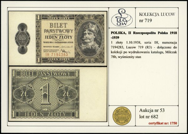 1 złoty, 1.10.1938; seria IH, numeracja 7194283;