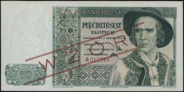 50 złotych, 15.08.1939; seria A, numeracja 01234