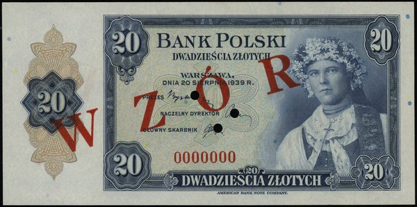 20 złotych, 20.08.1939; numeracja 0000000, czerw