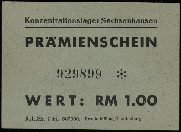 Bon na 1 markę (1944); numeracja 929899 ✻, papie