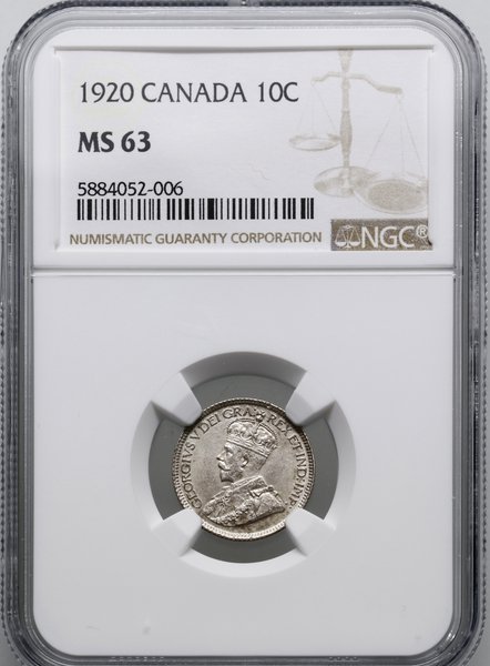10 centów, 1920, mennica Ottawa; KM 23a; piękna 