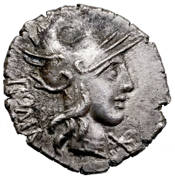 Denar, 125 pne, Rzym; Aw: Głowa Romy w hełmie w 